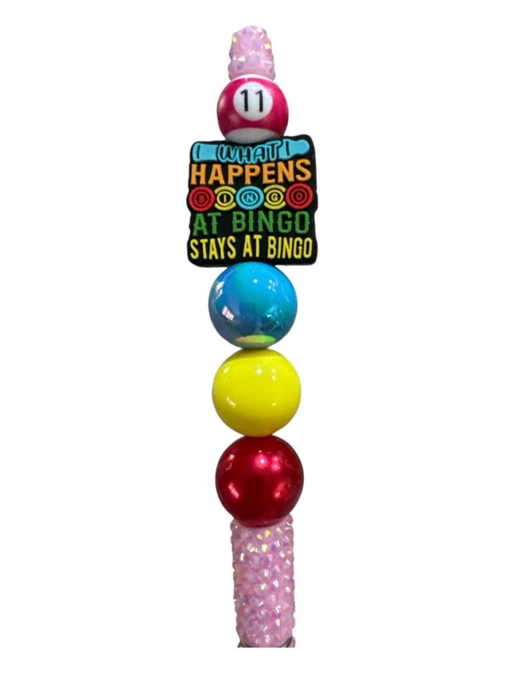 What Happens At Bingo Novelty Beaded Pen With Pink Glitter Handle & Multicolor D